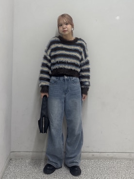 「FREE'S MART（フリーズマート）の◆シャギーボーダークロップドニット（ニット/セーター）」を使った、nanakaさん（レディース・158cm）の秋コーディネート