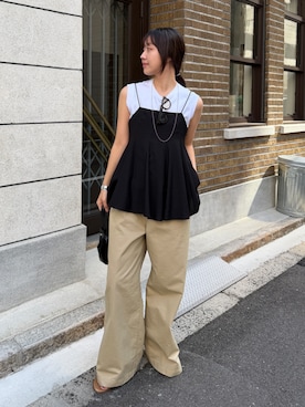 「DouDou（ドゥドゥ）の【REI企画】変形切替フレアキャミ（キャミソール、ブラック系）」を使った、honoka ୨୧さん（レディース・166cm）の春コーディネート