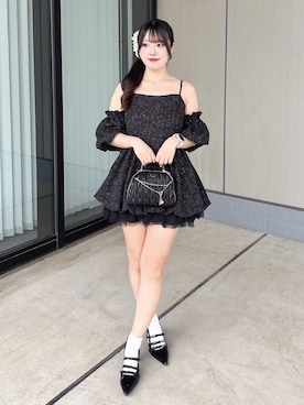 「one after another NICE CLAUP（ワンアフターアナザーナイスクラップ）の【Black Ribbon Collection】バックリボンミニワンピース（ワンピース、ブラック系）」を使った、Sakuraさん（レディース・152cm）の春コーディネート