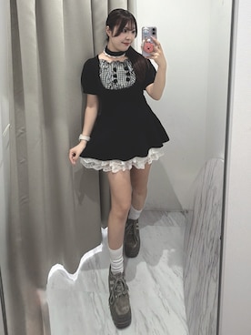 「OLIVE des OLIVE（オリーブデオリーブ）の【Belle Charme】Cable Knit Peplum Tops（ニット/セーター、ブラック系）」を使った、Sakuraさん（レディース・152cm）の夏コーディネート