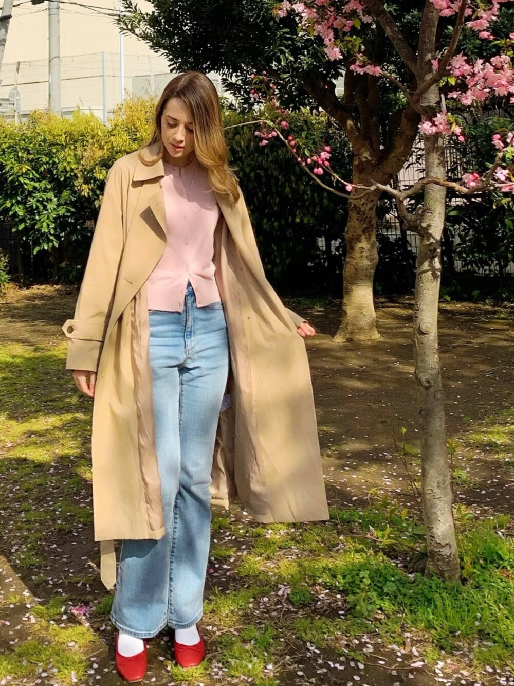 「桜」｜「H&MのH&M - コットンファインニットカーディガン - ピンク（カーディガン/ボレロ、ピンク系）」を使った、Victoriaさん（レディース・163cm）の春コーディネートの1枚目の写真