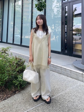 「KBF（ケイビーエフ）の『一部WEB限定カラー』ヴィンテージライクレースキャミソール（キャミソール、ベージュ系）」を使った、anさん（レディース・146cm）の夏コーディネート