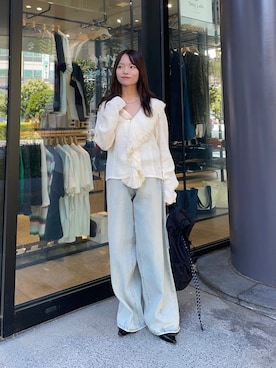 「KBF（ケイビーエフ）のフリンジカラーガーゼブラウス（シャツ/ブラウス、ホワイト系）」を使った、anさん（レディース・146cm）の秋コーディネート