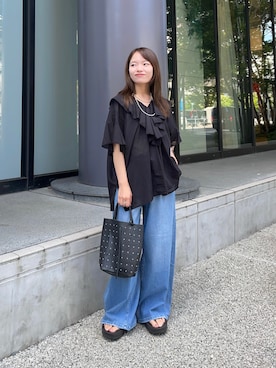 「URBAN RESEARCH（アーバンリサーチ）のハーフスリーブラッフルブラウス（シャツ/ブラウス、ブラック系）」を使った、anさん（レディース・146cm）の夏コーディネート