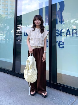 「KBF（ケイビーエフ）のバルーンスリーブチェックシャツ（シャツ/ブラウス、イエロー系）」を使った、anさん（レディース・146cm）の夏コーディネート