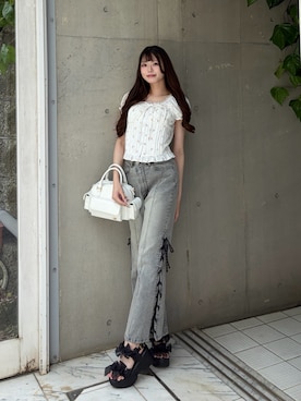 「OLIVE des OLIVE（オリーブデオリーブ）のリボンパフブラウス（シャツ/ブラウス、ホワイト系）」を使った、かなうさん（レディース・165cm）の春コーディネート