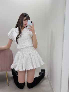 「OLIVE des OLIVE（オリーブデオリーブ）の【インフルエンサー企画】miko heart fluffy blouse（シャツ/ブラウス、ホワイト系）」を使った、かなうさん（レディース・165cm）の春コーディネート