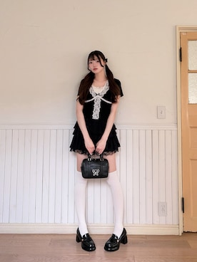 「OLIVE des OLIVE（オリーブデオリーブ）のレース半袖トップス（Tシャツ/カットソー、ブラック系）」を使った、かなうさん（レディース・165cm）の春コーディネート