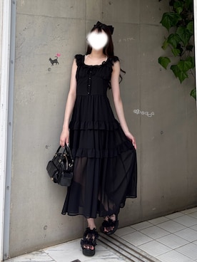 「OLIVE des OLIVE（オリーブデオリーブ）のシアーロングワンピース（ワンピース、ブラック系）」を使った、かなうさん（レディース・165cm）の春コーディネート