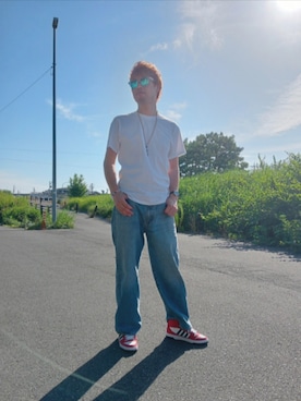 「GU（ジーユー）のアイテム（Tシャツ/カットソー、ホワイト系）」を使った、SHINSUKEさん（メンズ・179cm）の夏コーディネート
