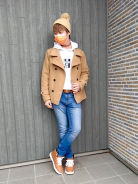 「アイテム（ピーコート、ベージュ系）」を使った、SHINSUKEさん（メンズ・180cm）の冬コーディネート
