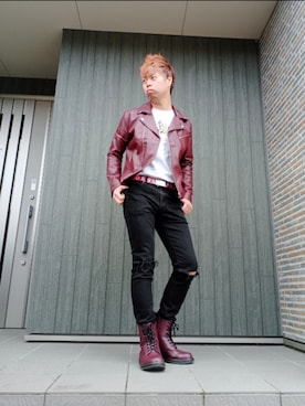 「アイテム（ライダースジャケット、レッド系）」を使った、SHINSUKEさん（メンズ・180cm）の冬コーディネート
