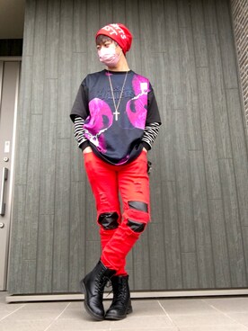 「アイテム（デニムパンツ、レッド系）」を使った、SHINSUKEさん（メンズ・180cm）の春コーディネート