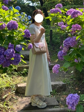 「Heather（ヘザー）のアイテム（バッグ、ピンク系）」を使った、momoさん（レディース・156cm）の夏コーディネート