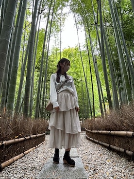 「しまむら（シマムラ）のアイテム（スカート、ベージュ系）」を使った、momoさん（レディース・156cm）の春コーディネート