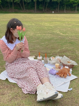 「GU（ジーユー）のアイテム（スカート、ピンク系）」を使った、momoさん（レディース・156cm）の夏コーディネート