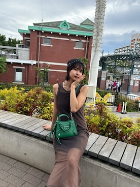 「MURUA（ムルーア）のデニムプリントシアーワンピース（ワンピース、ブラウン系）」を使った、上原優香さん（レディース・163cm）の春コーディネート