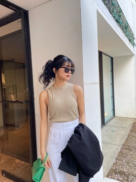 「MURUA（ムルーア）のアイテム（テーラードジャケット）」を使った、上原優香さん（レディース・163cm）の春コーディネート