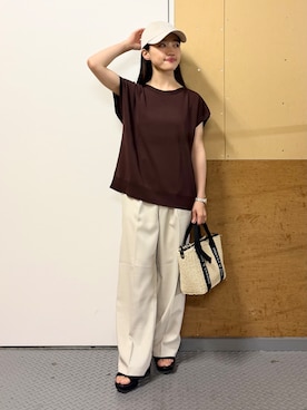 「THE SHOP TK （ザ ショップ ティーケー ）の【S-XL/ひんやりタッチ】多機能フレンチスリーブニット 洗濯機OK/UVケア/毛玉になりにくい（ニット/セーター、ブラウン系）」を使った、saho(低身長コーデ)さん（レディース・150cm）の春コーディネート
