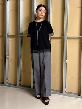 「THE SHOP TK （ザ ショップ ティーケー ）の【インせず着られる】モチーフレース切替Tシャツ（Tシャツ/カットソー、ブラック系）」を使った、saho(低身長コーデ)さん（レディース・150cm）の夏コーディネート