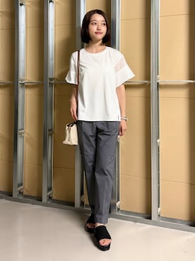 「THE SHOP TK （ザ ショップ ティーケー ）の【ひんやりさらさら】軽やかに揺れる シアーフレアスリーブTシャツ（Tシャツ/カットソー、ホワイト系）」を使った、saho(低身長コーデ)さん（レディース・150cm）の夏コーディネート
