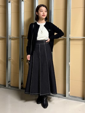 「POLO BCS（ポロ ビーシーエス）のPOLO BCS/ケーブルクルーカーディガン（カーディガン/ボレロ、ブラック系）」を使った、saho(低身長コーデ)さん（レディース・150cm）の夏コーディネート