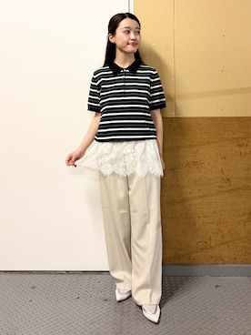 「THE SHOP TK （ザ ショップ ティーケー ）の【ひんやり/アンチピリング/UV】1枚で主役になる ボーダーポロニット（ニット/セーター、ブラック系）」を使った、saho(低身長コーデ)さん（レディース・150cm）の春コーディネート