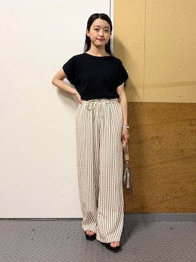 「THE SHOP TK （ザ ショップ ティーケー ）の【S-XL/ひんやりタッチ】多機能フレンチスリーブニット 洗濯機OK/UVケア/毛玉になりにくい（ニット/セーター、ブラック系）」を使った、saho(低身長コーデ)さん（レディース・150cm）の春コーディネート