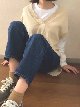「Lee（リー）のアイテム（デニムパンツ、ブルー系）」を使った、あげちさん（レディース・155cm）の春コーディネート