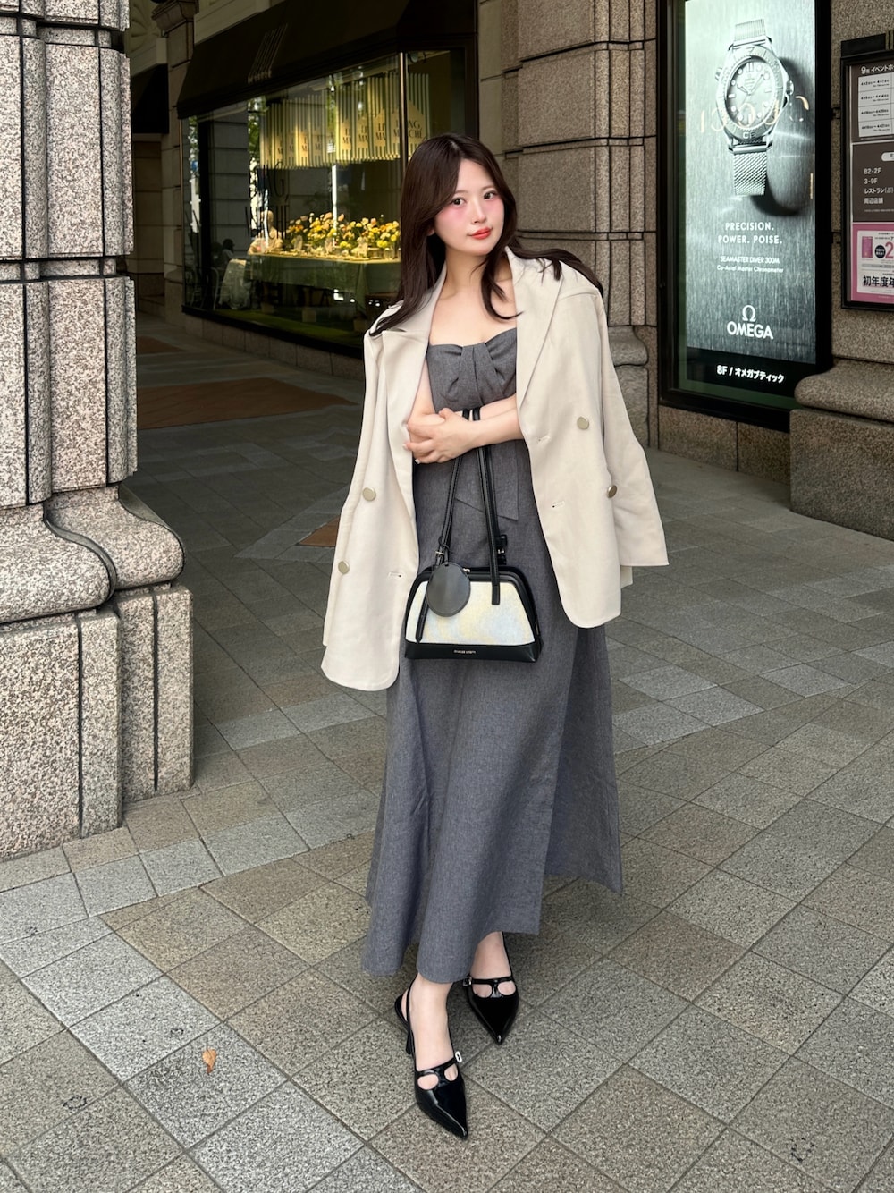 「最近のいい感じコーデ、大人かわいい、韓国ファッション、GRL、グレイル、ジャケット、ワンピース、ワンピーススタイル、春服、今日のコーデ、いいね、save、フォローお願いします🤑、お洒落さんとつながりたい」｜「GRLのアイテム（ワンピース、グレー系）」を使った、fu yuさん（レディース・160cm）の春コーディネートの1枚目の写真