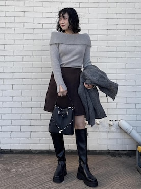 「VIS（ビス）のフェザーヤーンオフショルもちもちリブニット/イージーケア（ニット/セーター）」を使った、harunaさん（レディース・162cm）の秋コーディネート