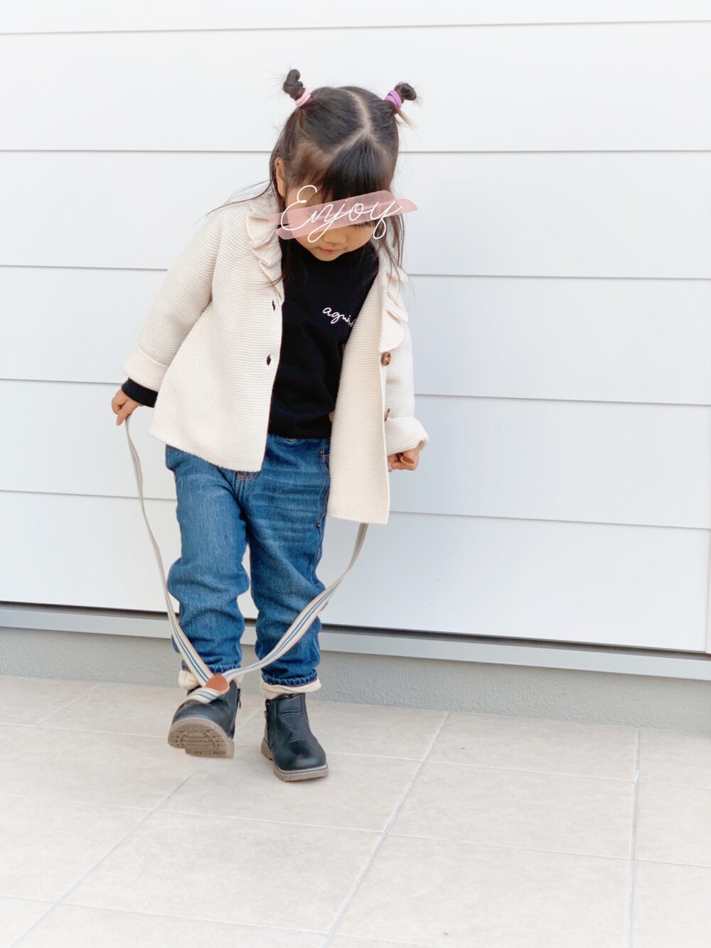 「キッズコーデ、女の子、ZARA KIDS、アニエスベー、3歳」｜「ZARA KIDSのアイテム（デニムパンツ、ブルー系）」を使った、tsumuさん（キッズ・90cm）の春コーディネートの1枚目の写真