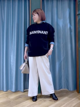 「BARNYARDSTORM（バンヤードストーム）のBARNYARDSTORM / マシュマロワイドパンツ【撥水・セットアップ対応】（スラックス）」を使った、67remiさん（レディース・160cm）の冬コーディネート