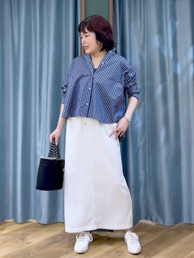 「BARNYARDSTORM（バンヤードストーム）のBARNYARDSTORM / NEWダブルクロスタイトスカート（スカート、ホワイト系）」を使った、67remiさん（レディース）の春コーディネート
