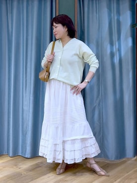 「BARNYARDSTORM（バンヤードストーム）のBARNYARDSTORM / ミドルライトカーデ / ハンドウォッシャブル（カーディガン/ボレロ、グリーン系）」を使った、67remiさん（レディース）の冬コーディネート