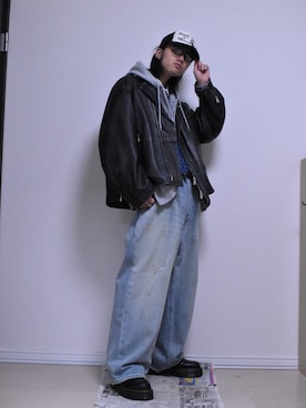 「アイテム（ライダースジャケット）」を使った、KACCHAN   さん（メンズ・178cm）の冬コーディネート