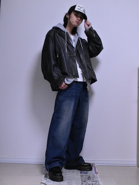 「アイテム（ライダースジャケット）」を使った、KACCHAN   さん（メンズ・178cm）の冬コーディネート