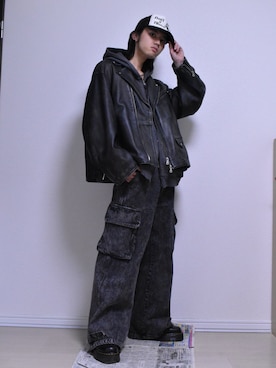 「アイテム（ライダースジャケット）」を使った、KACCHAN   さん（メンズ・178cm）の冬コーディネート