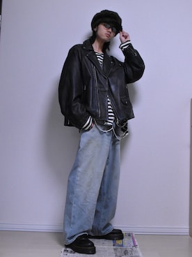 「アイテム（ライダースジャケット）」を使った、KACCHAN   さん（メンズ・178cm・20代）の冬コーディネート