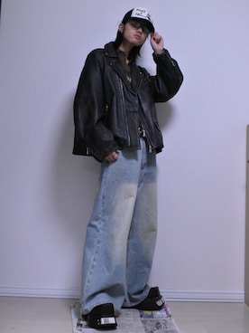 「アイテム（ライダースジャケット）」を使った、KACCHAN   さん（メンズ・178cm）の冬コーディネート