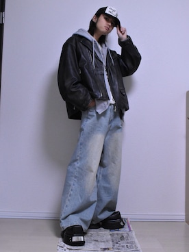 「アイテム（ライダースジャケット）」を使った、KACCHAN   さん（メンズ・178cm）の秋コーディネート