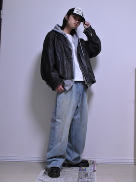 「アイテム（ライダースジャケット）」を使った、KACCHAN   さん（メンズ・178cm）の冬コーディネート