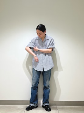 「FORK&SPOON（フォークアンドスプーン）のFORK&SPOON　フレンチリネンオープンカラーショートスリーブシャツ（シャツ/ブラウス、ブルー系）」を使った、EIKICHIさん（メンズ・170cm）の夏コーディネート