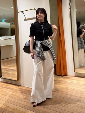 「Whim Gazette（ウィムガゼット）の半袖クルーネックテレコカットソー（Tシャツ/カットソー、ブラック系）」を使った、RIRI_WHIMさん（レディース・158cm）の春コーディネート