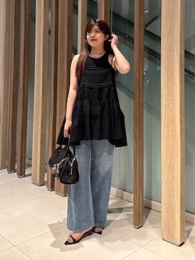 「Whim Gazette（ウィムガゼット）のレースキャミブラウス（シャツ/ブラウス、ブラック系）」を使った、RIRI_WHIMさん（レディース・158cm）の夏コーディネート