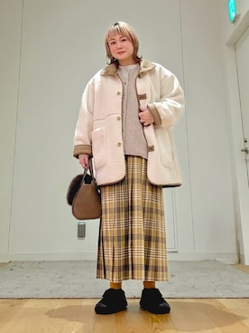 「アイテム（ムートンコート）」を使った、あおばさん（レディース・152cm）の冬コーディネート
