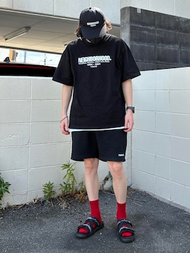 「NEIGHBORHOOD（ネイバーフッド）のアイテム（キャップ、ブラック系）」を使った、𝐩𝐣 𝐚𝐧𝐝 𝐞𝐜さん（メンズ・168cm）の夏コーディネート