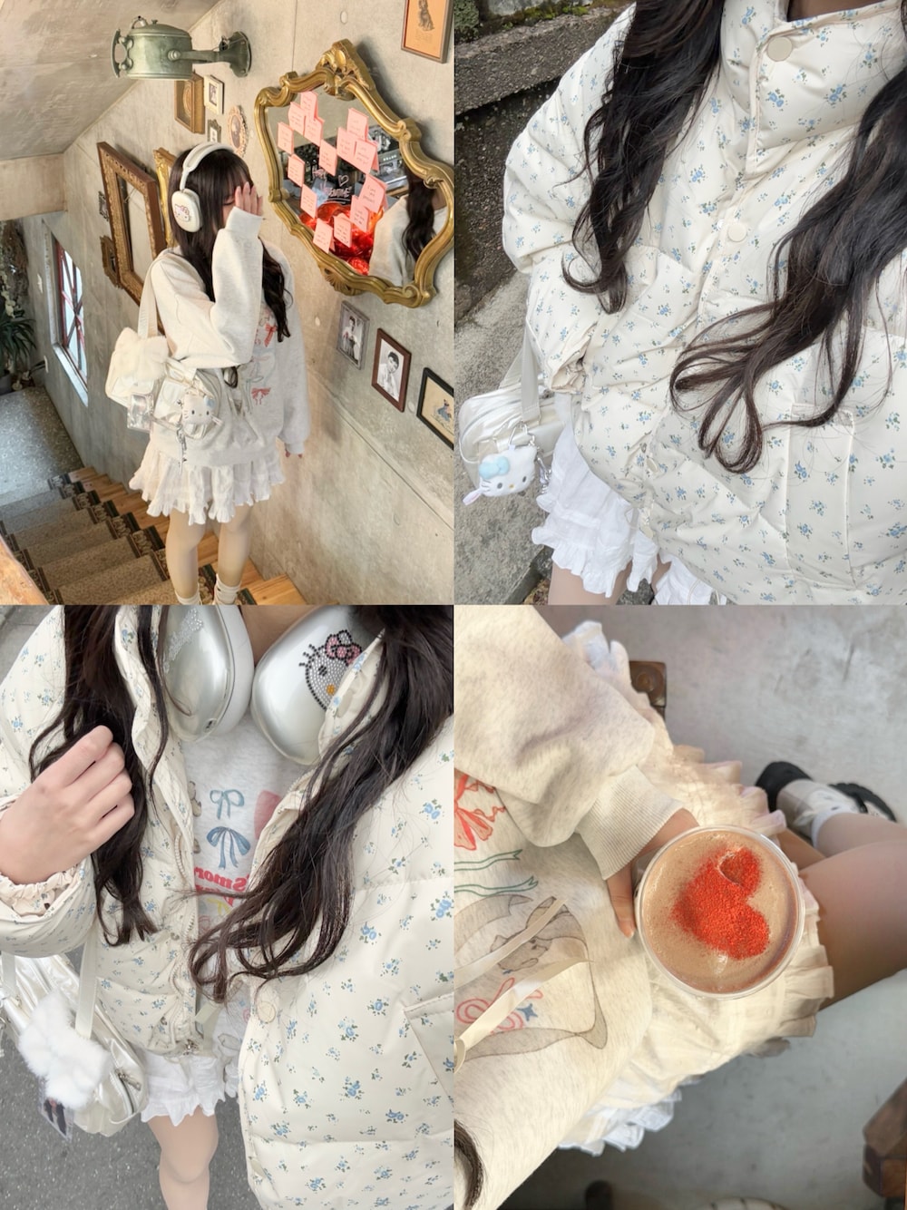 「今日のコーデ、ootd、リボン、韓国っぽ、スカートコーデ、おしゃれさんと繋がりたい、カフェ、WEARタイアップ」｜「sollonのflower short down jacket（ジャケット/アウター、ホワイト系）」を使った、mimini2さん（骨格ストレート・レディース・170cm）の冬コーディネートの1枚目の写真