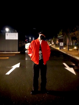 「アイテム（ライダースジャケット、レッド系）」を使った、たちゃん《相互フォロー》さん（メンズ・172cm）の冬コーディネート