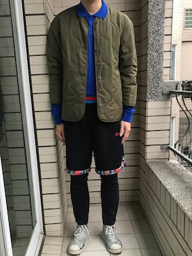 「GU（ジーユー）のアイテム（ノーカラージャケット）」を使った、Ivano Shiehさん（メンズ・178cm）の冬コーディネート